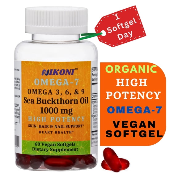 Nikoni Organic Sea Buckthorn Oil Dietary Supplement, Omega-7 & Antioxidant Nutrients for Skin, Hair & Nail Support, Vegan, Gluten-Free, 60 Softgels