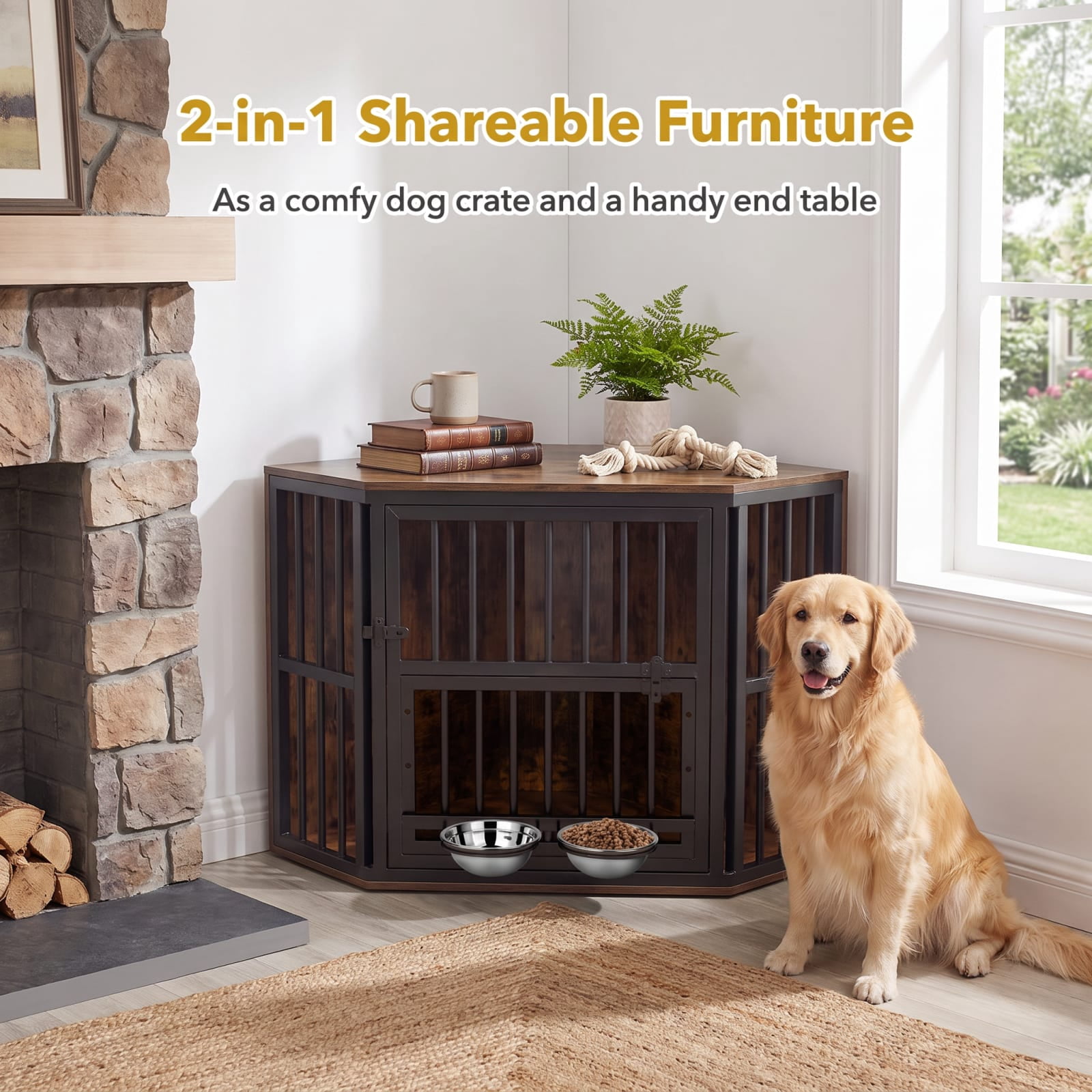 Vebreda Dog Crate Furniture, 35.5 inches Wooden Dog Kennel End Table with 3-Position Dog Bowl Rack, Space-Fit Corner Shape Design
