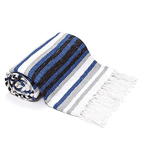 Americanflat Authentic Mexican Yoga Blanket - Soft Woven Cotton and Polyester Falsa Blanket in Blue Striped