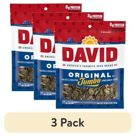 (3 pack) DAVID Jumbo Sunflower Seeds, Original Flavor, Father's Day Baseball Snack for Dad, 16 oz.