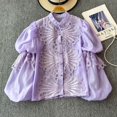 thumbnail image 4 of Blusa informal de manga farol con cuello levantado, camisa de encaje ahuecada con bordado de una sola botonadura, Top de moda, 4 of 5