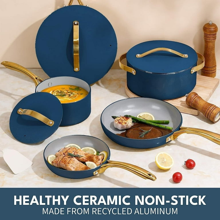 Ceramic Nonstick Cookware Set (12 pcs), Non Toxic PFOA and PTFE Free Pots  and Pans Set with Lids, Oven and Dishwasher Safe, Induction Compatible Pans