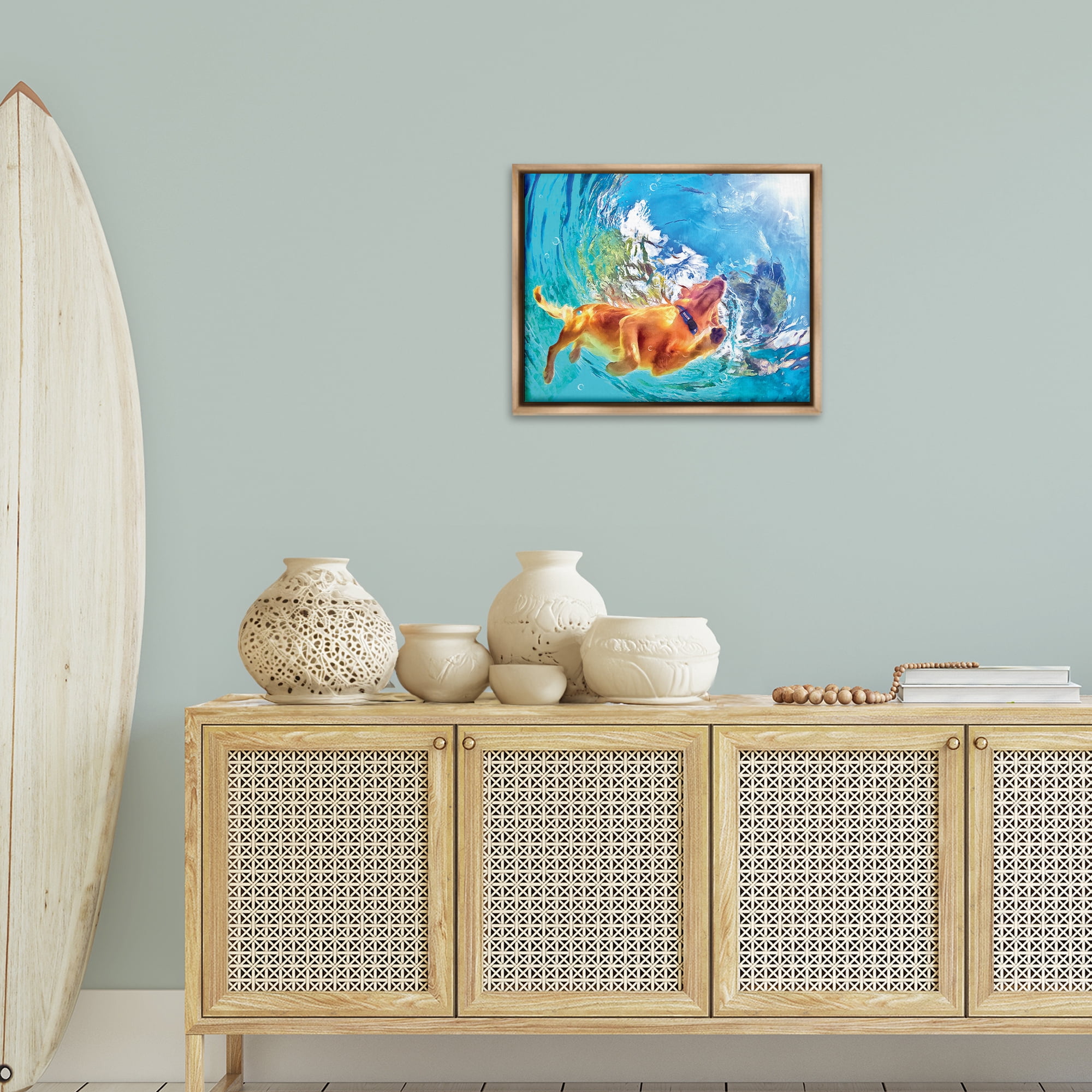Stupell Industries Underwater Swimming Dog Animals & Insects Painting Brown Floater Framed Canvas Art Print Wall Art, 21 x 17