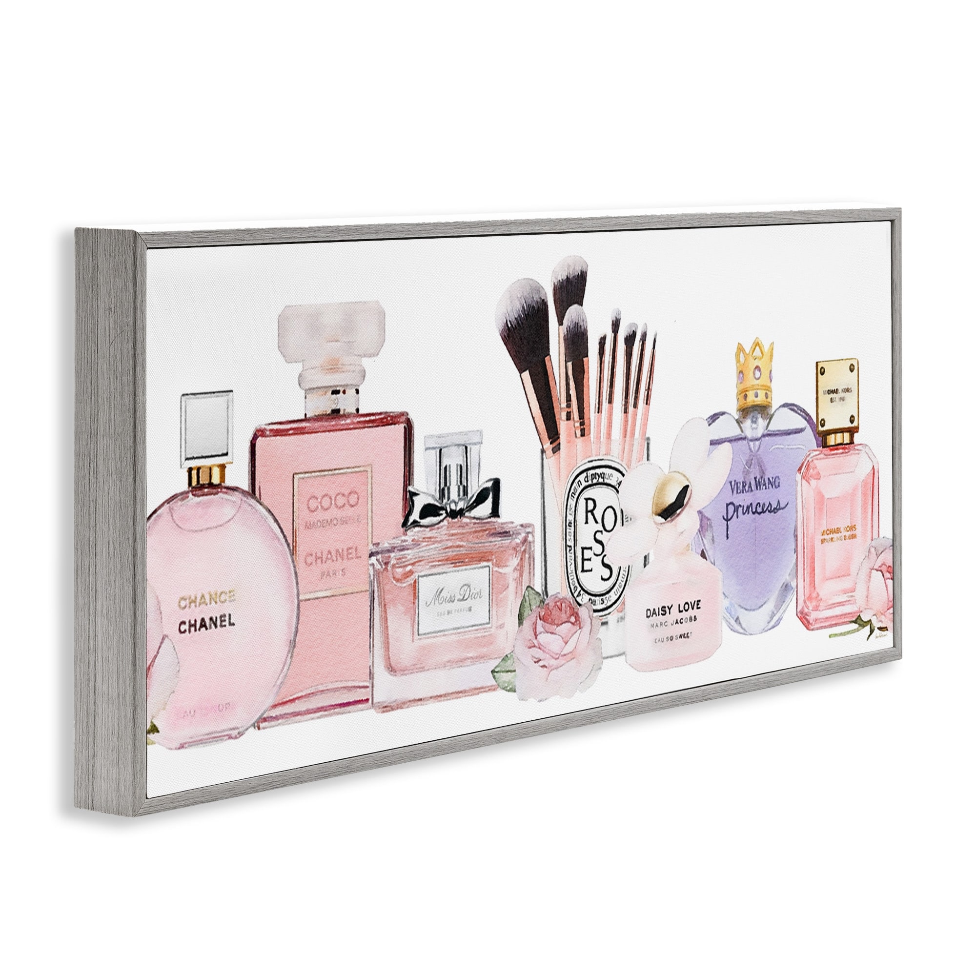 Stupell Industries Women's Fashion Fragrance Glam Accessories Graphic Art Gray Framed Art Print Wall Art, 10x24, by Amanda Greenwood