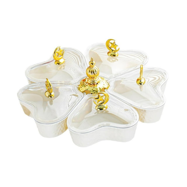 Bandeja giratoria dividida con 5 compartimentos para aperitivos de frutos secos con tapa. Luna estrellada blanca