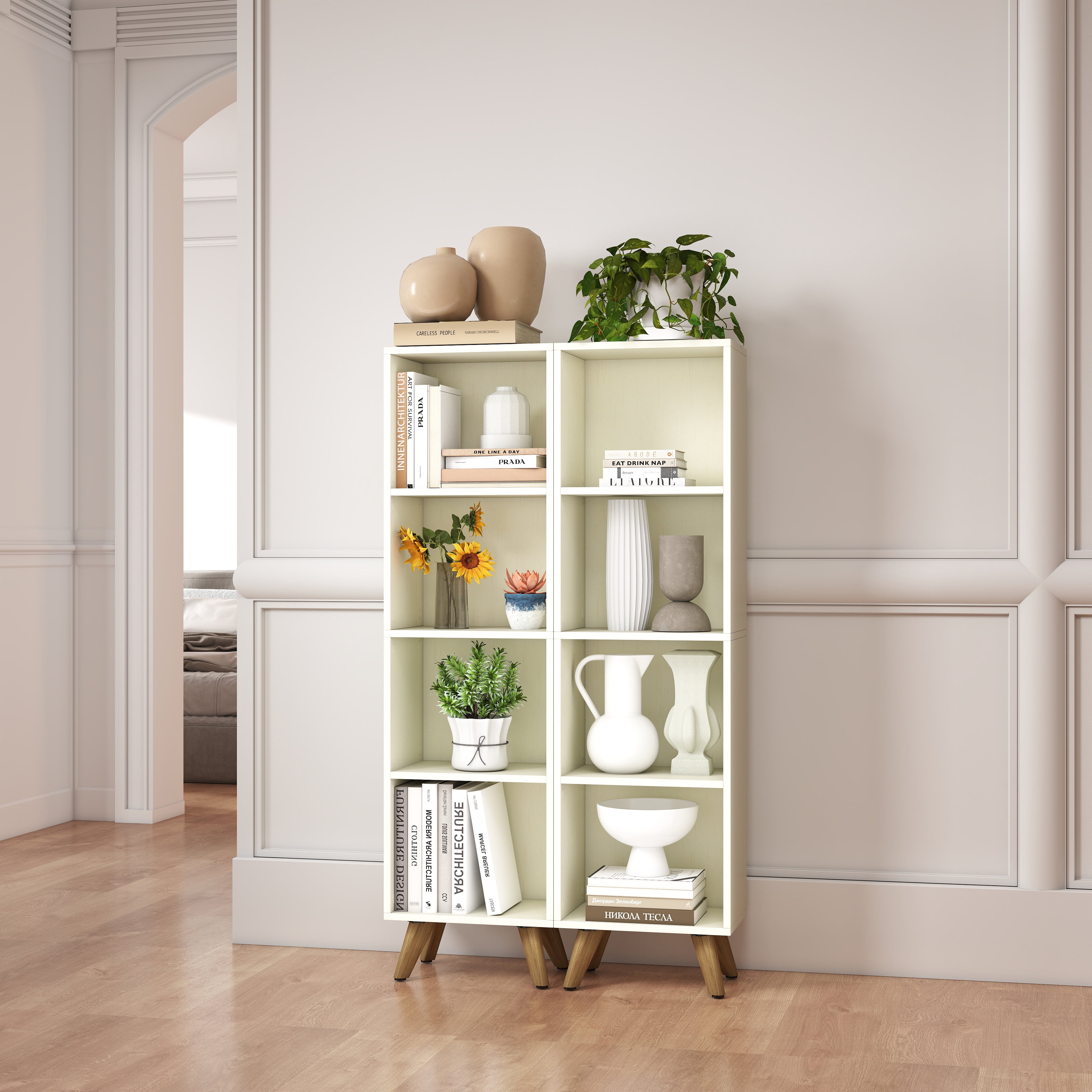 Manxile 4 Cube Vertical Storage Organizer, Modern White Wood Bookshelf for Living Room, Bedroom, Study Room