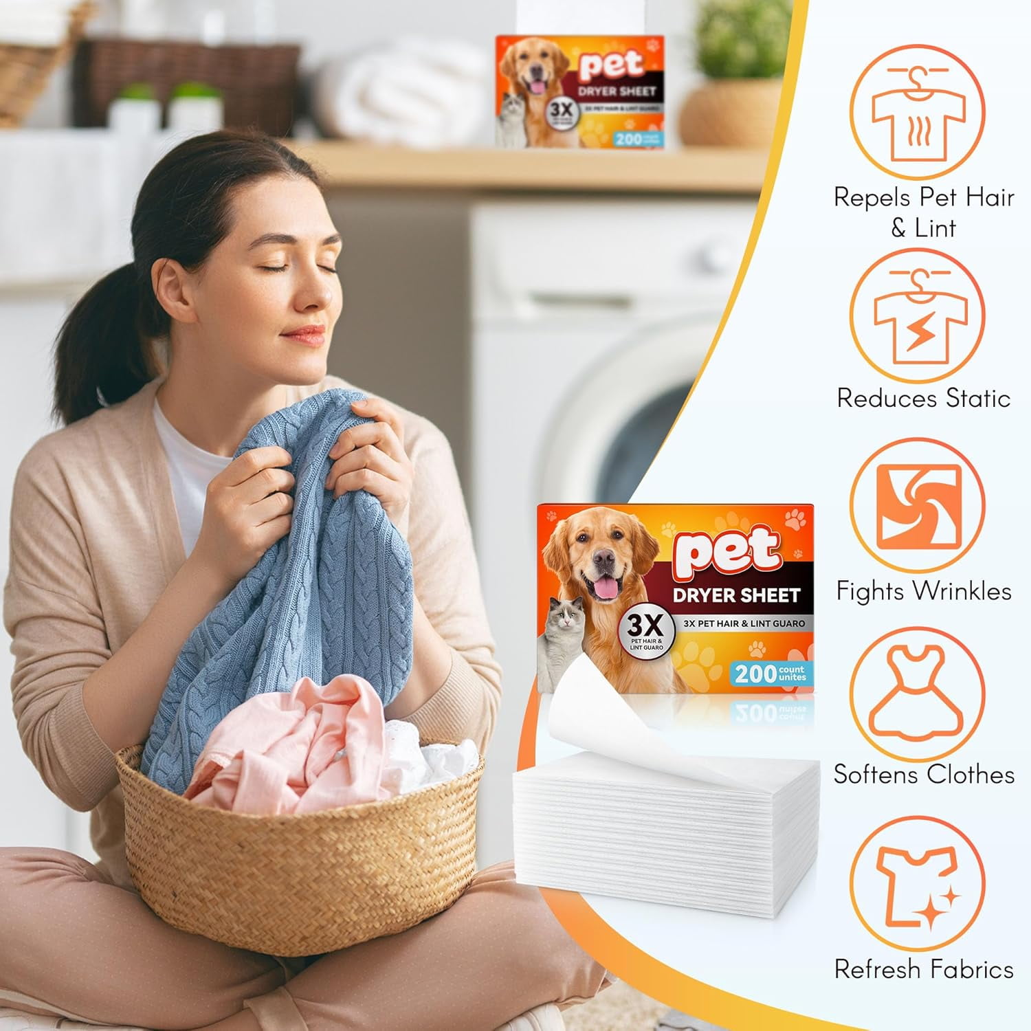 Pet Hair Remover for Laundry, Lint Dryer Sheets, 3 X Pet Hair Fighters, Reduces Static, Adds Softness(Unscented,200 Count)