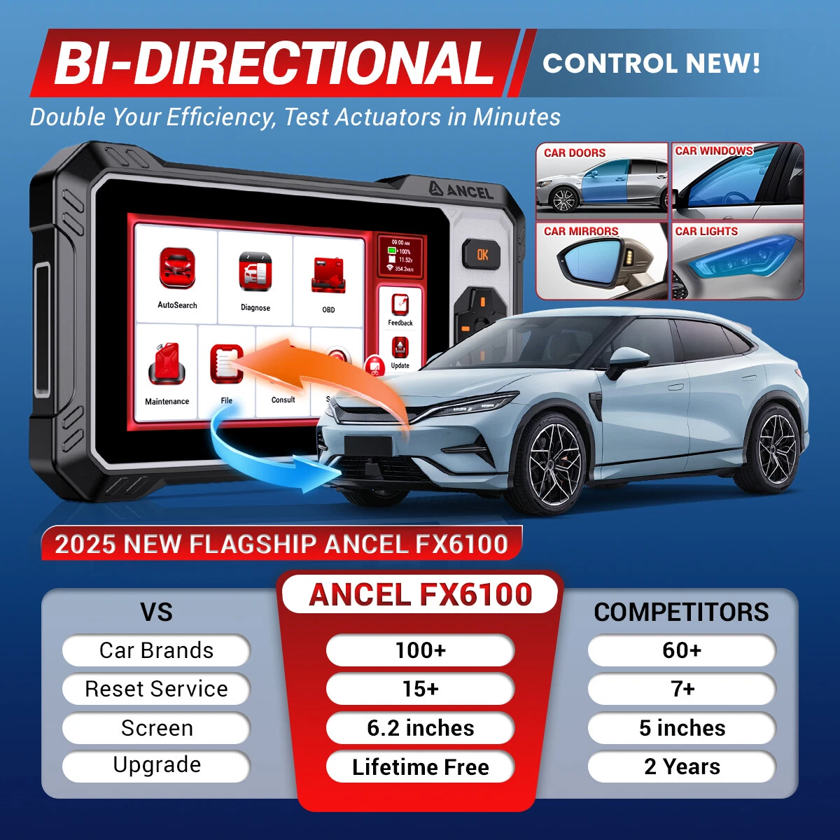 ANCEL FX6100 OBD2 Scanner Bidirectional Scan Tool, All System Car Diagnostic Tool with 15+ Resets, Injector Co-ding, Active Test, TPMS/EPB/Oil Reset, FCA AutoAuth, Lifetime Free Update