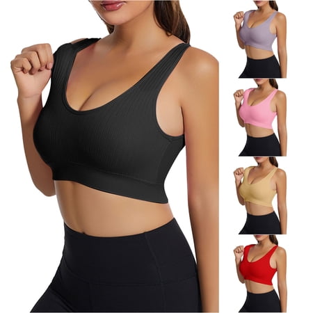 Xijirk Women Ribbed V Neck Sports Bra Sleeveless Wireless Removable Pads Stretch Comfort Workout Everyday Tank Top Bra Black XXL