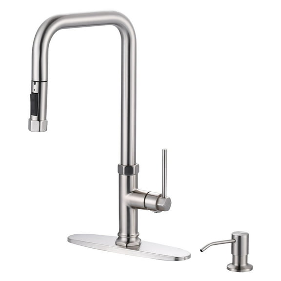 WOWOW Single-Handle Pull Down Sprayer Kitchen Faucet with Pull Out Spray Wand and Soap Dispenser in Brushed Nickel