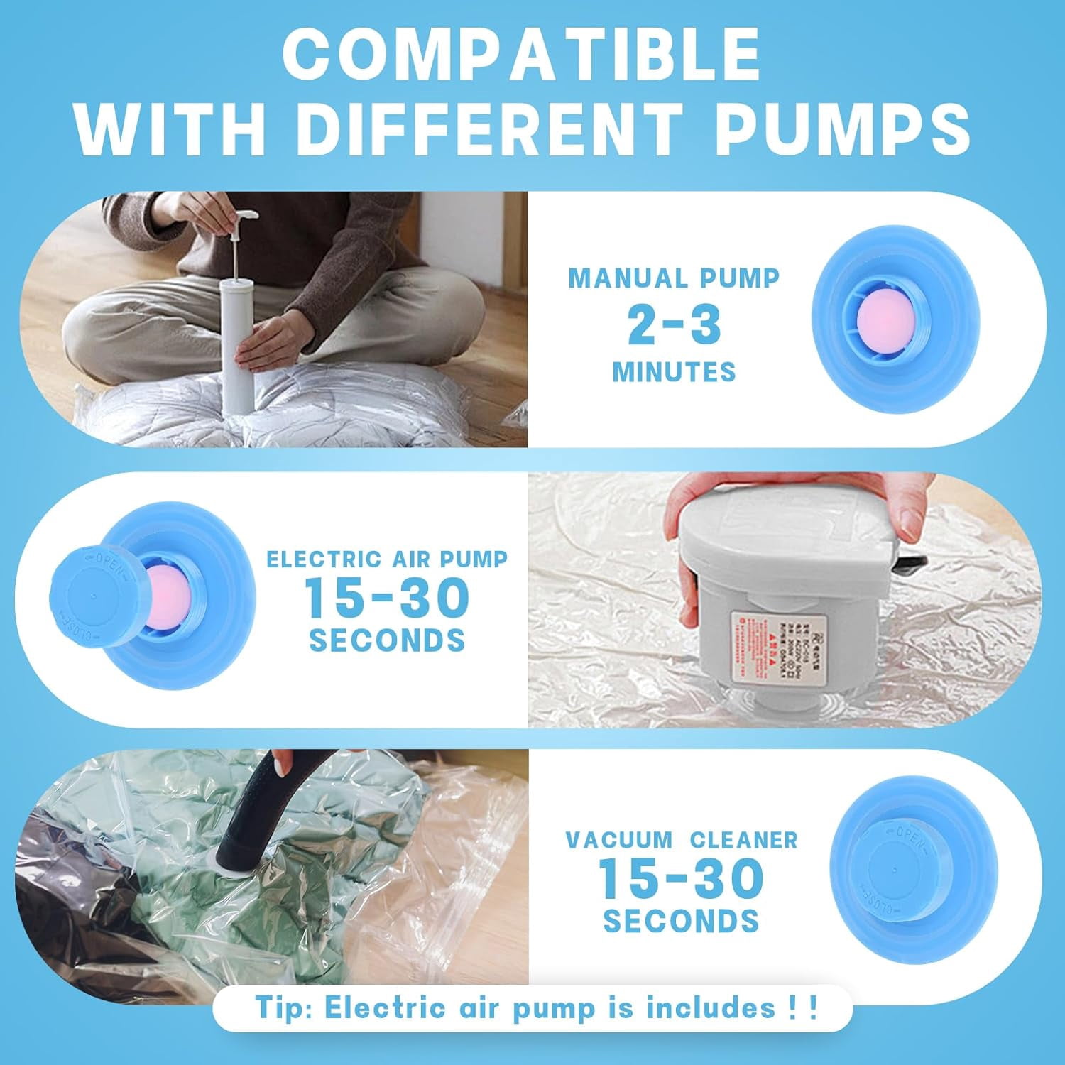 15 Pack Vacuum Storage Bags with Wireless Electric Pump, 3 Sizes for Clothes, Luggage, Blankets & Comforters