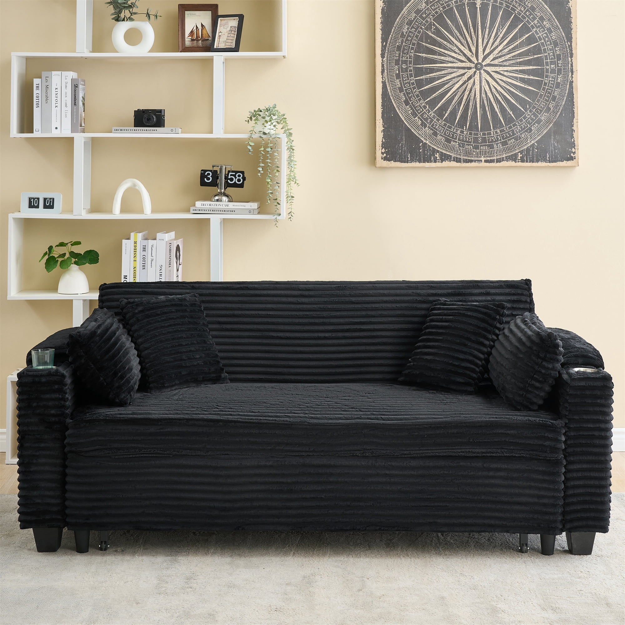Aukfa 80" Comfy 3 Seat Sofa Convertible Sleeper Sofa Bed with Storage Armrest& Cup Holders for Living Room, 4 Pillows, Corduroy, Black