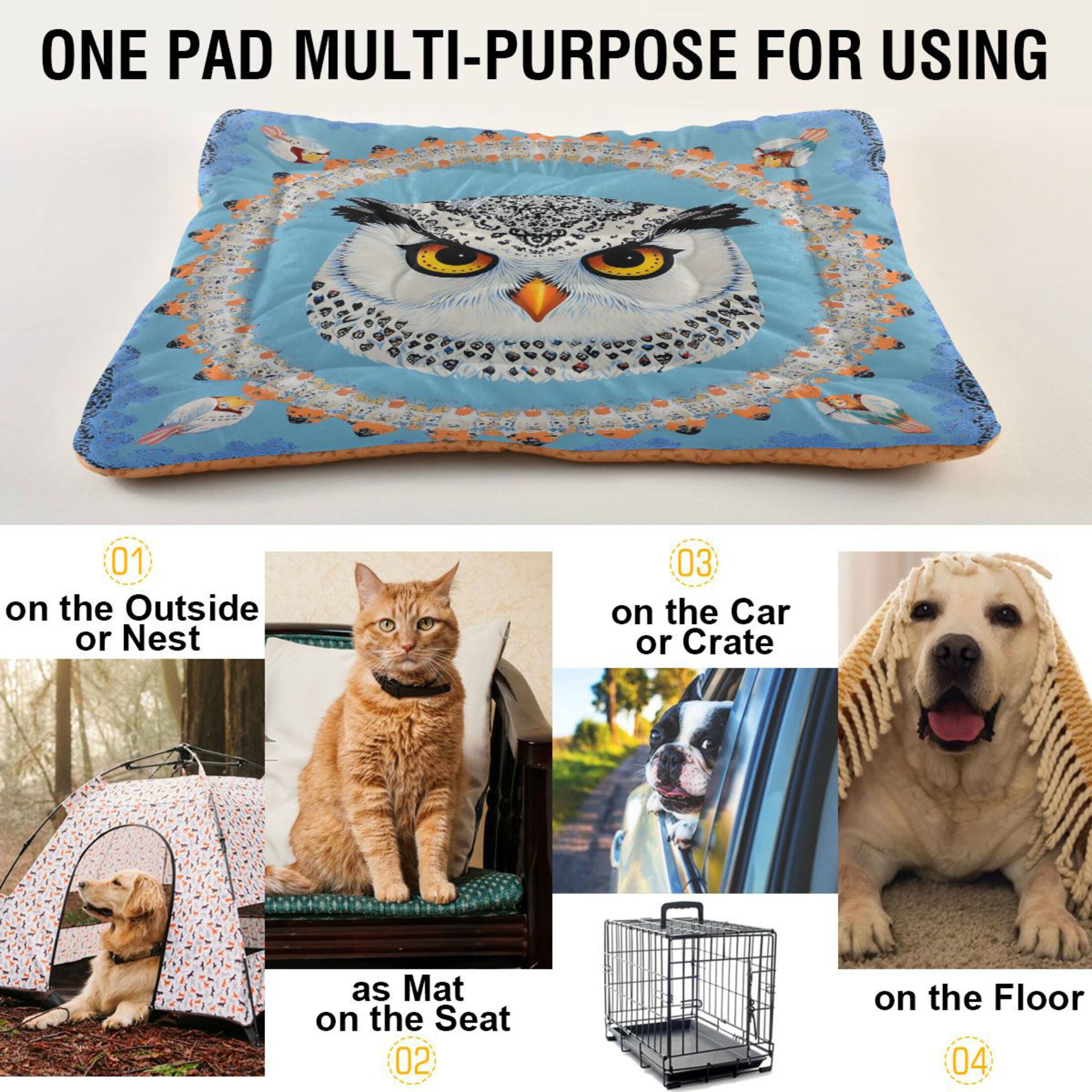 Qxltty White Owl Pattern Ped Pad Wear-resistant and Hard to Bite Through Sleeping Pad for Small Medium Large Dogs Winter Pet Bed 36×24in