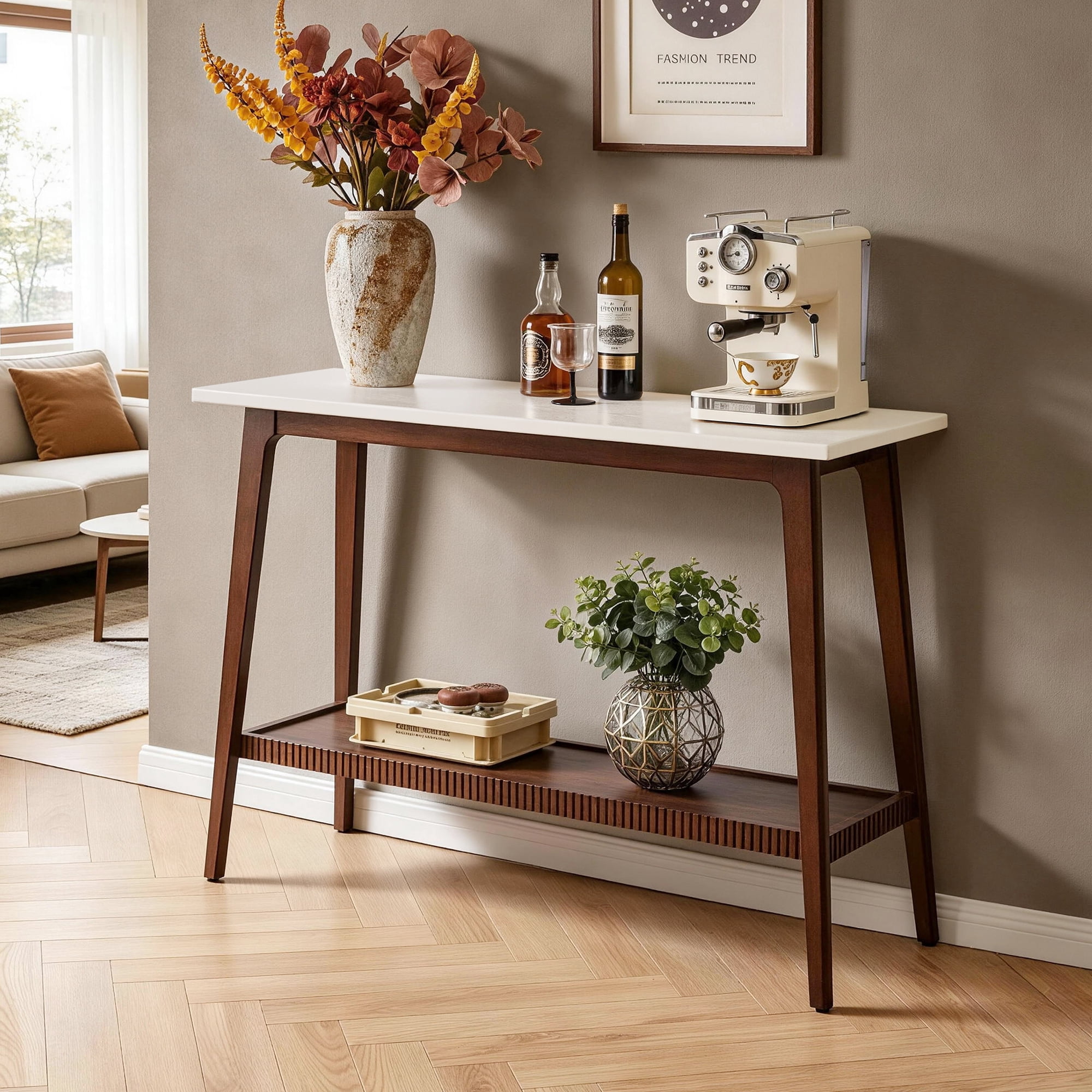 Garitin Console Table and Mid Century Modern Entryway Table 47.24 Inch, Narrow Sofa Table with Storage Shelf for Hallway Living Room, Walnut and White