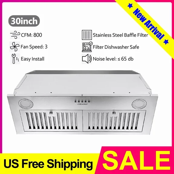 30 inch Built-In Range Hood 800CFM Kitchen Insert Stove Built In Insert Vent Hood 3-Speed Stainless Steel Kitchen Vent LED New