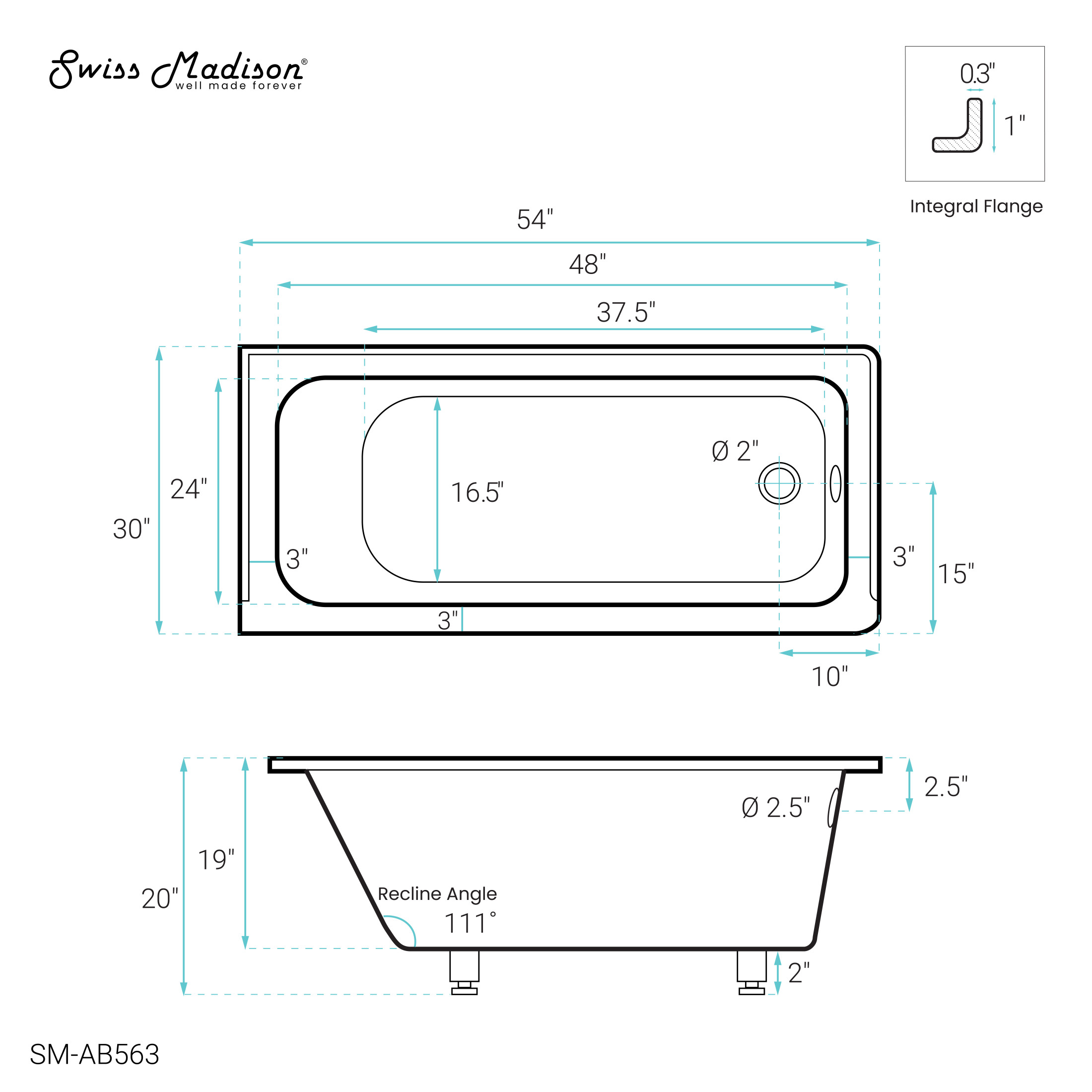 Voltaire 54 x 30 Right Drain Soaking Alcove Bathtub in Glossy White