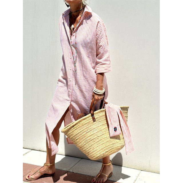 Vestido camisero de oficina de media manga para mujer, cuello en V, estampado Irregular, abertura, moda de verano, ropa elegante para vacaciones en la playa