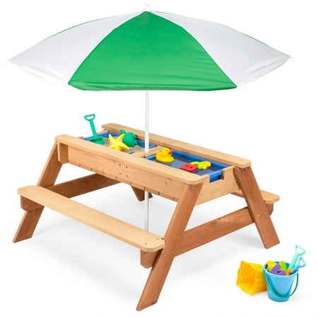 Best Choice Products Kids 3-in-1 Outdoor Wood Activity/Picnic Table w/ Umbrella and 2 Play (Best Way To Sand Wood)