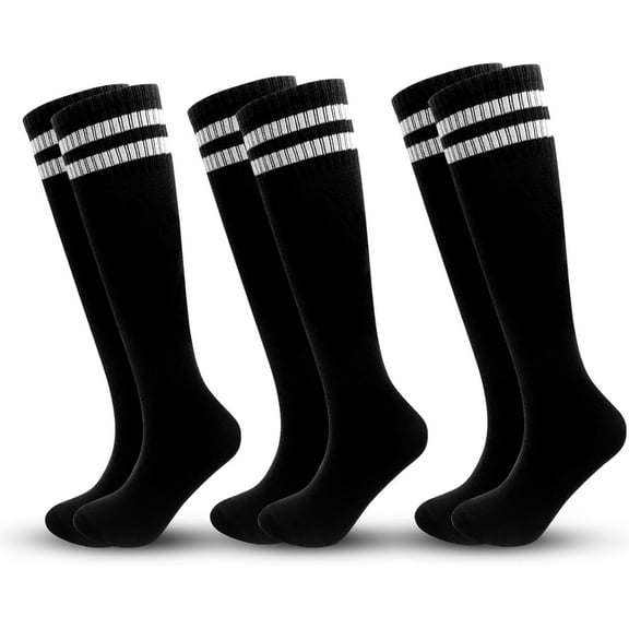 QIANJIA 3 Pairs Kids Soccer Socks Striped Knee High Tube Socks Football Uniform Sports Socks for Boys Girls 6-12 Years Old