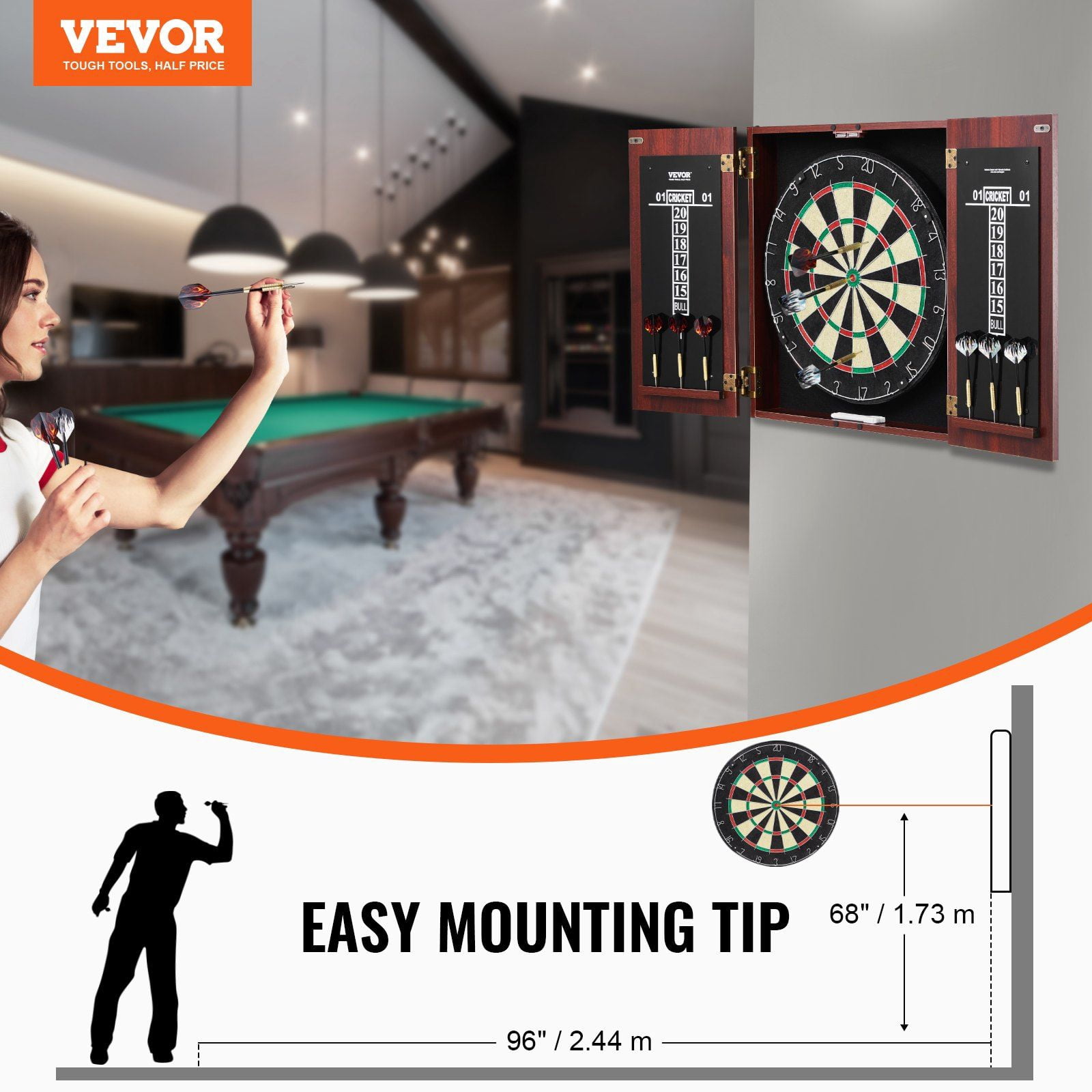 Official Size Bristle Dartboard & Cabinet Set with Steel Tip Darts – Complete Darting Accessories