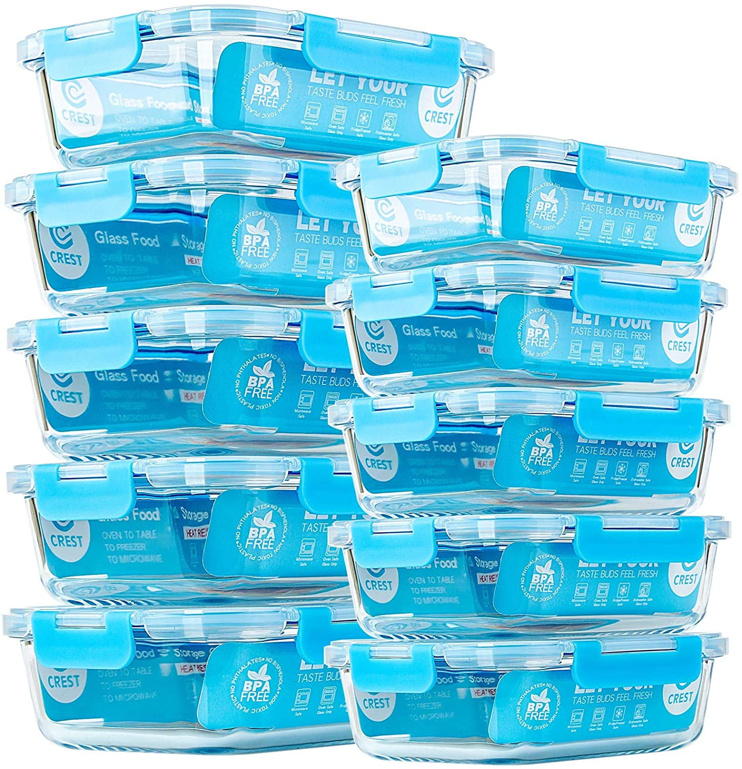 C Crest [10 Pack] Glass Meal Prep Containers, Food Storage Containers with Lids Airtight, Glass Lunch Boxes, Microwave, Oven, Freezer and Dishwasher