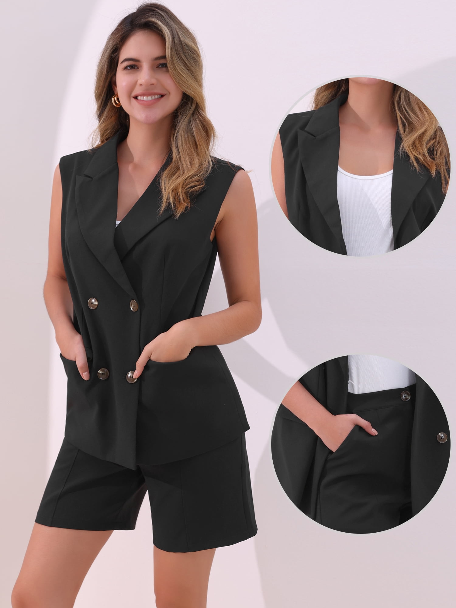 DARING DIVA Women's Blazer Vest Shorts Casual 2 Pieces Suit Set XS Black