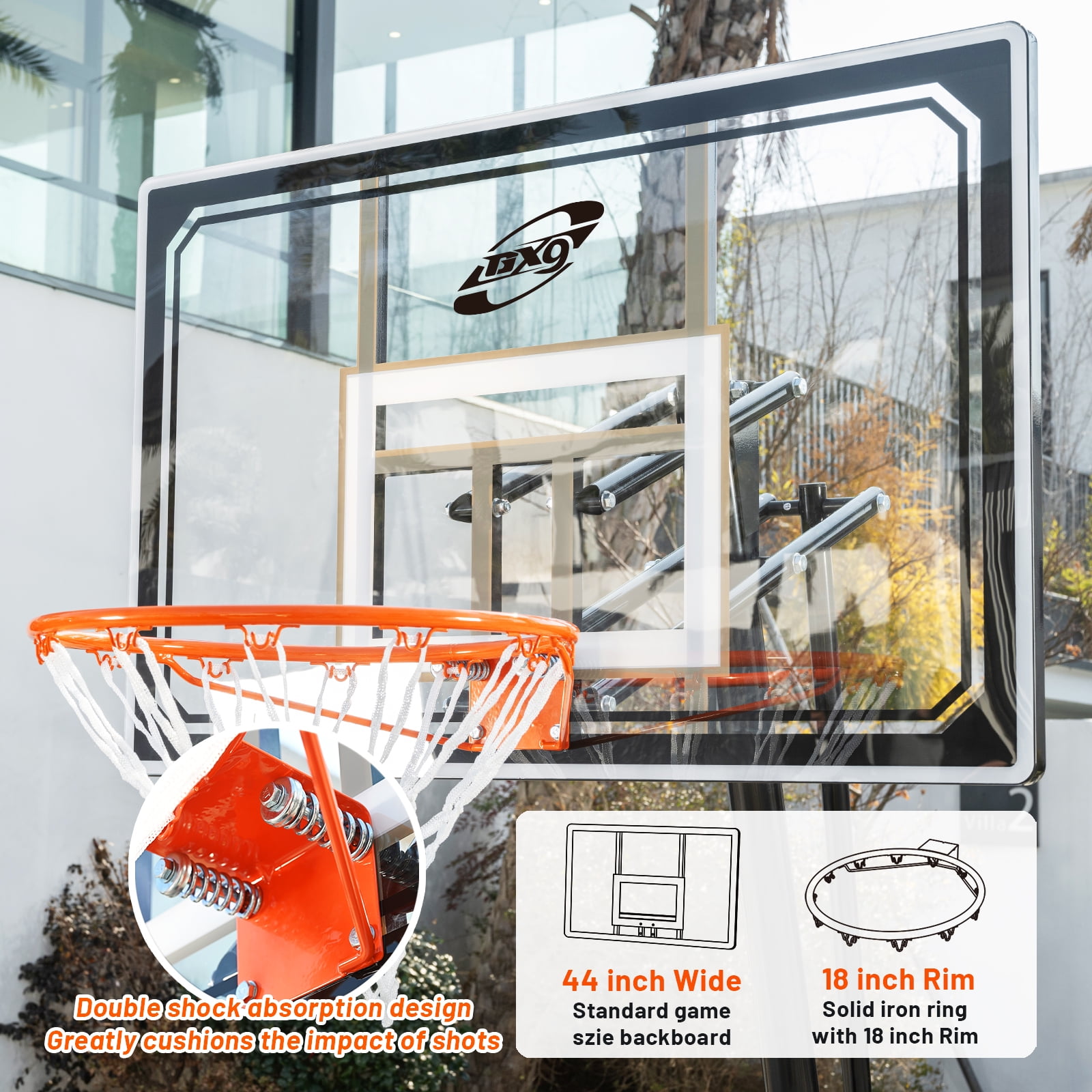 Basketball Hoop Outdoor Portable 44/48 Inch Backboard, 10ft Adjustable Basketball Goal System with Wheels for Court/Backyard/Driveway