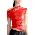thumbnail image 2 of Tank Tops for Women Slim Fit Asymmetrical Hem Solid Print Sleeveless Vest One-Shoulder Tops Daily Wear Womens Camisole Red L, 2 of 7