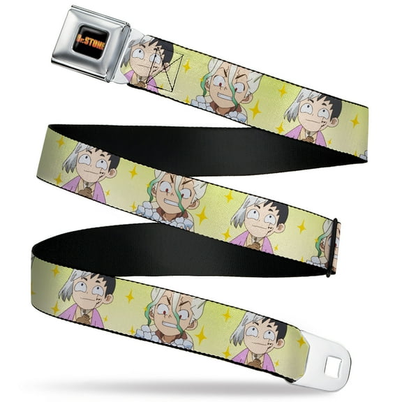 Crunchyroll Belt, Seatbelt Buckle Belt, Dr Stone Chibi Senku and Gen Faces Stars Yellows, 30 to 44 Inches