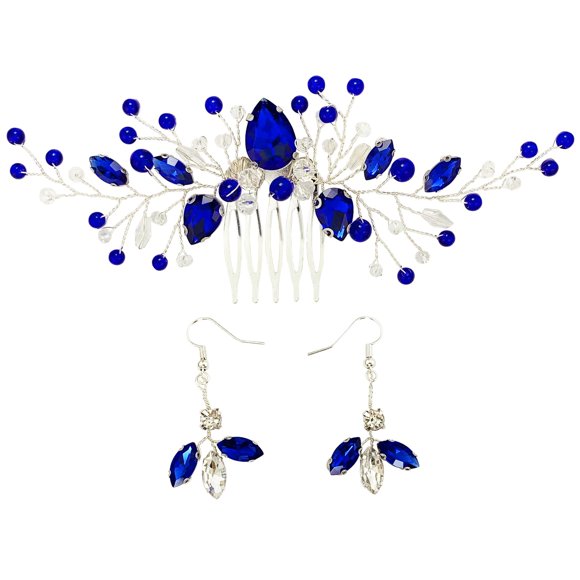 Juego de peineta y aretes de cristal para novia, accesorios elegantes para el cabello de boda para mujer, fotografía de fiesta de graduación (azul real)