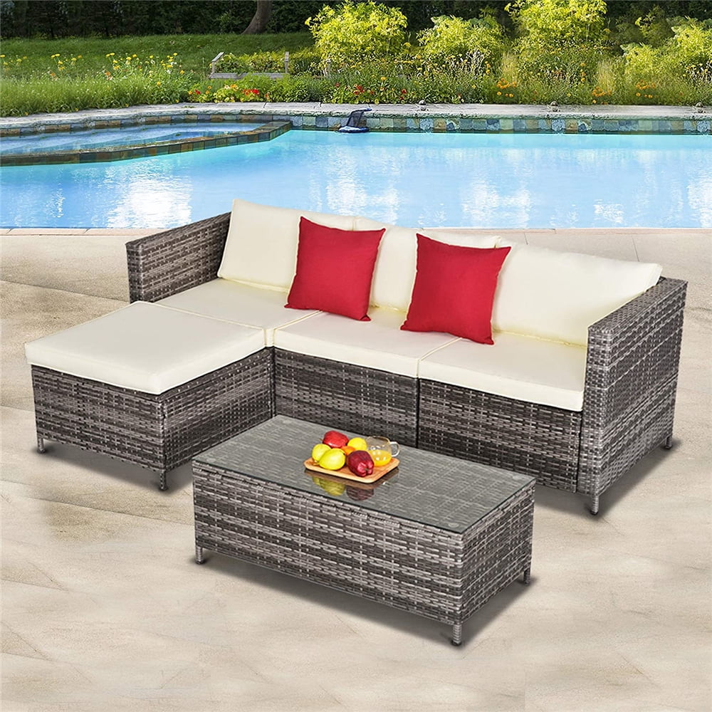 5 Pieces Outdoor Patio Furniture Set, All-Weather Outdoor Small Sectional  Patio Sofa Set, Wicker Rattan Patio Sofa Couch Conversation Set with Ottoman