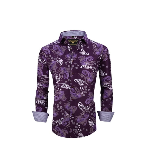 Men PREMIERE Long Sleeve Button Up Dress Shirt Colorful Purple Paisley