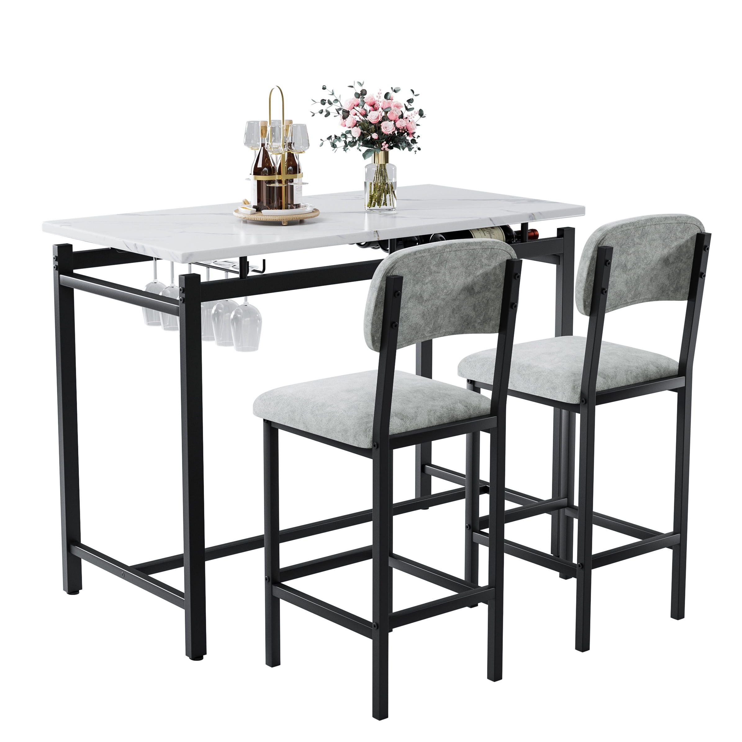 Aukfa Bar Dining Table Set&nbsp;for 2, Kitchen Table Set w/ Wine Rack &Upholstered Chairs for Small Spaces, Gray
