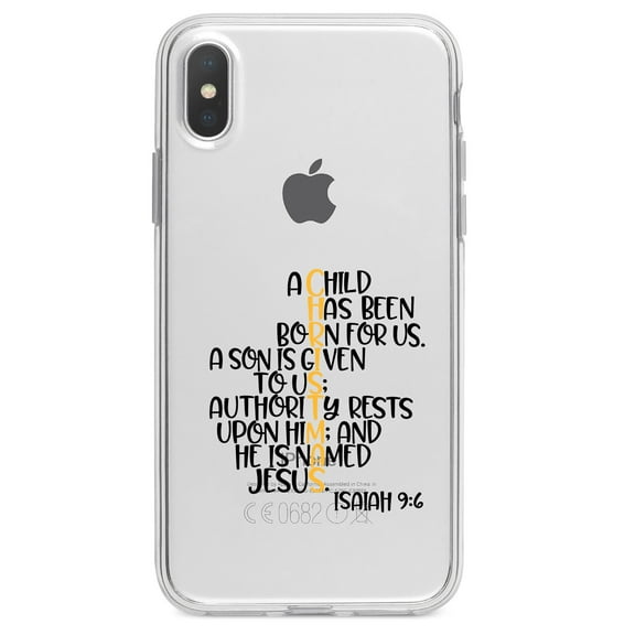 DistinctInk Clear Shockproof Hybrid Case for iPhone XS Max (6.5" Screen) - TPU Bumper Acrylic Back Tempered Glass Screen Protector - Christmas - Isaiah 9:6 - Black Yellow
