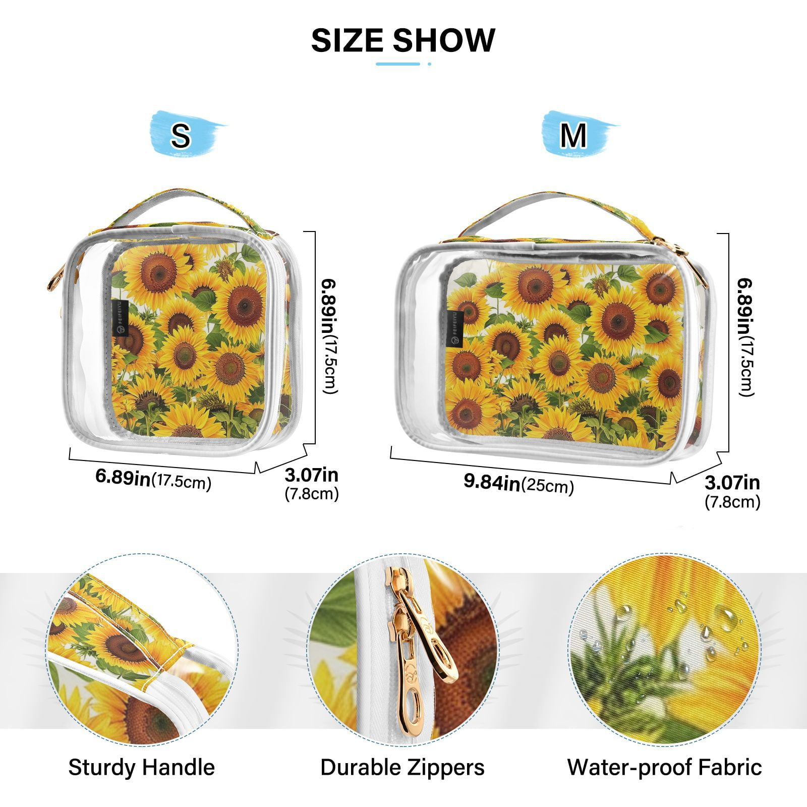 Clear Makeup Bags with Handle Large Opening 2 Pack Set Toiletry Bag Quart Size Bag, for Women Man Traveling Travel Essentials, Toiletries and Other. Sunflower