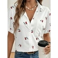 thumbnail image 3 of Women'S Cherry Print Short Sleeve Blouse Collar Button Down Textured Casual Shirts White XL, 3 of 7
