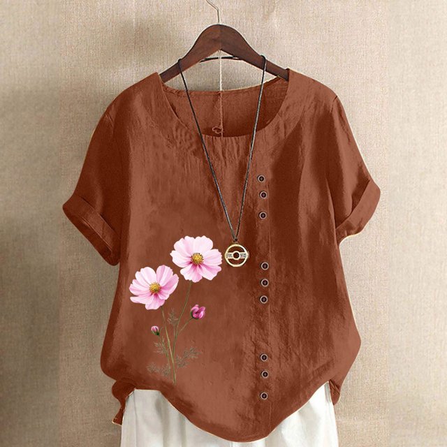 Lydiaunistar Hauts d'Été pour Femmes Blouse en Lin Décontractée Col Rond Polyester Mode Grande Taille Manches Courtes T-shirt à Boutons