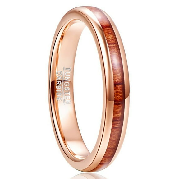 4mm Rose Gold Tungsten Carbide Ring for Unisex Hawaiian Koa Wood Inlay Size 6-12