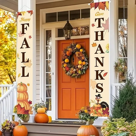 12x 71 InchGIVE THANKS Door Decorations Thanksgiving Porch Sign Fall Hanging Welcome Banner Autumn Pumpkin Maple Leaf Turkey Backdrop Flag for Party Home Yard Indoor Outdoor Wall Decor