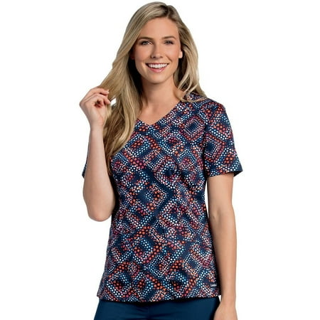 Clearance Landau Women's Rounded V-Neck Geometric Print Tunic Scrub Top