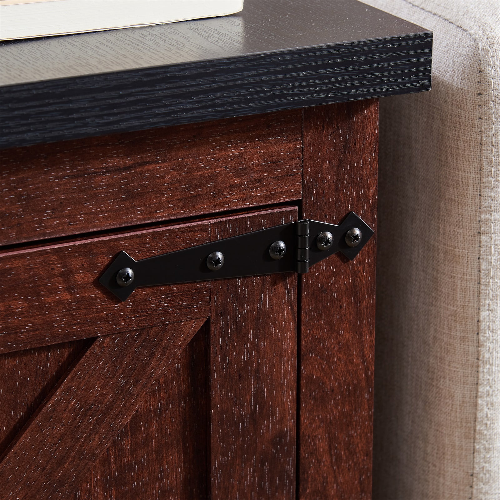 Hommoo Farmhouse End Table Nightstand with Barn Door and Adjustable Storage Shelf, Sofa Side Table for Living Room, Bedroom, Oak