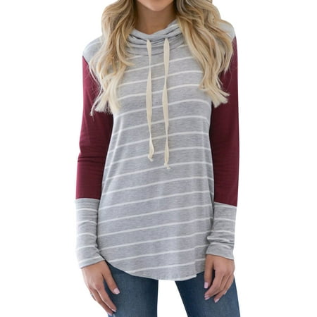 Silk Cowl Neck - Starvnc Women Long Sleeve Cowl Neck Stripe Drawstring Asymmetric Hem Sweatershirt