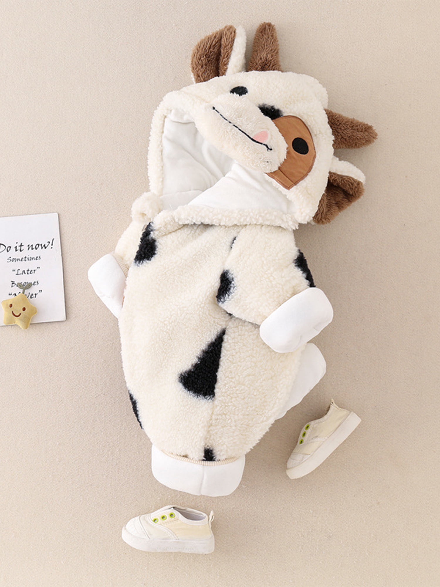 Baby Girls Boys Cow Hoodie Plush Jumpsuit Long Sleeve Cartoon Cow Zipper Romper Halloween Cow Costume Winter Clothes