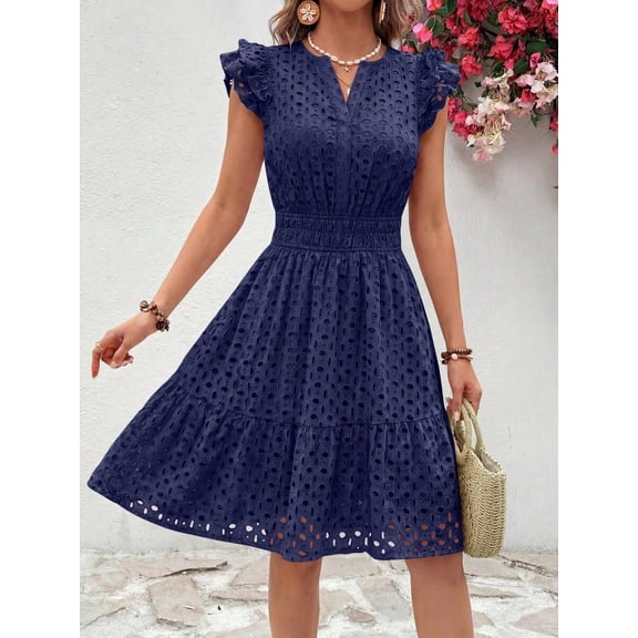 Navy Blue Eyelet Cap Sleeve V-Neck A-Line Tiered Sundress For Women