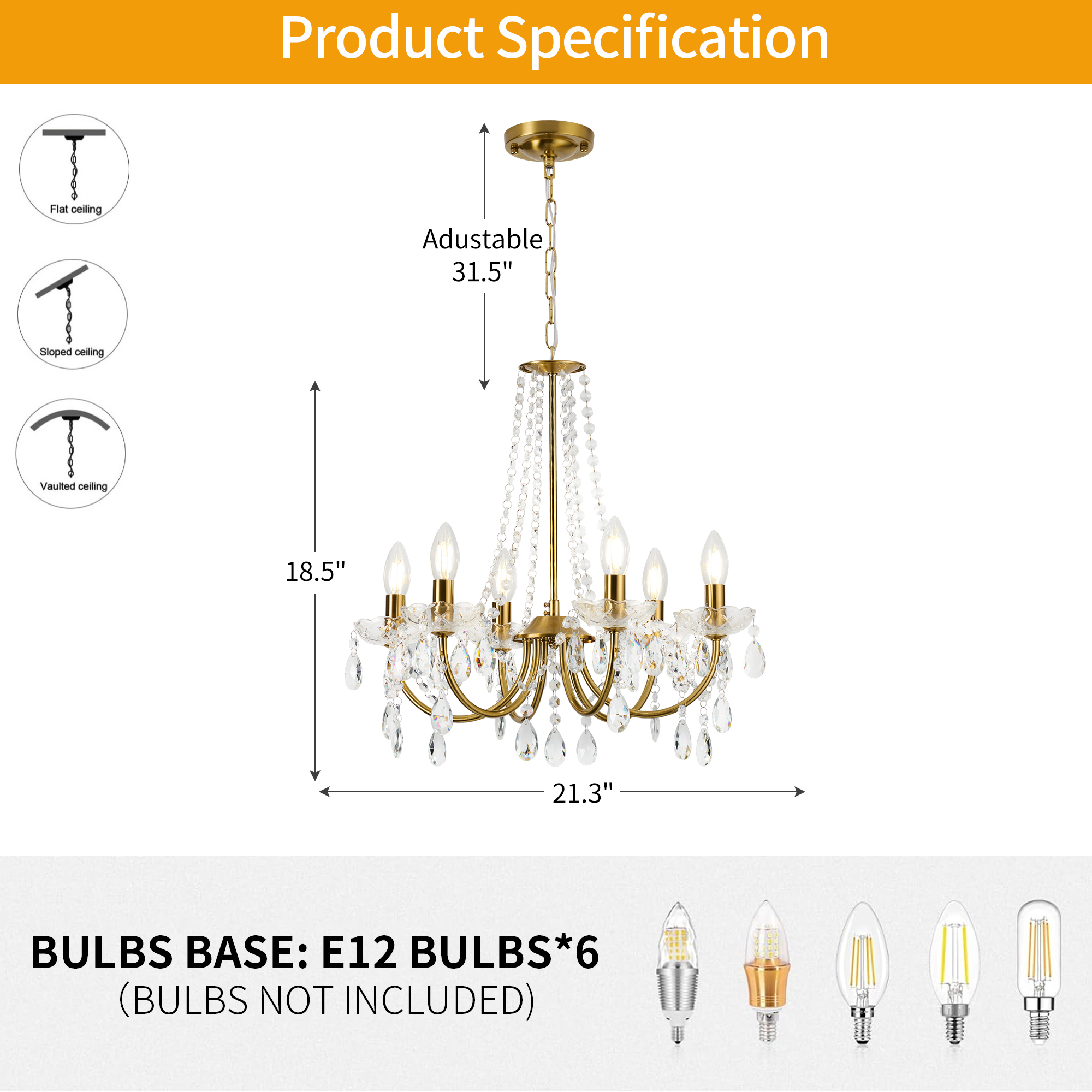 Crystal Chandelier,K9 Crystal Pendant Lighting for Living Room Golden 6 Ceiling Fixture for Wedding,Kitchen,Dining,Foyer,H 18.5" x W 21.3"
