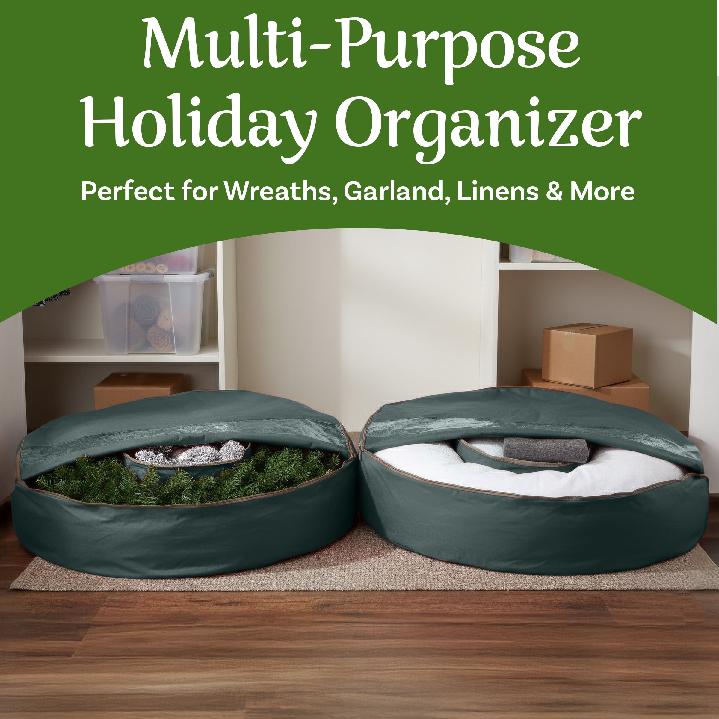Elf Stor 48" Wreath Storage Container with Interior Compartment, Heavy-Duty Canvas Holder, Green