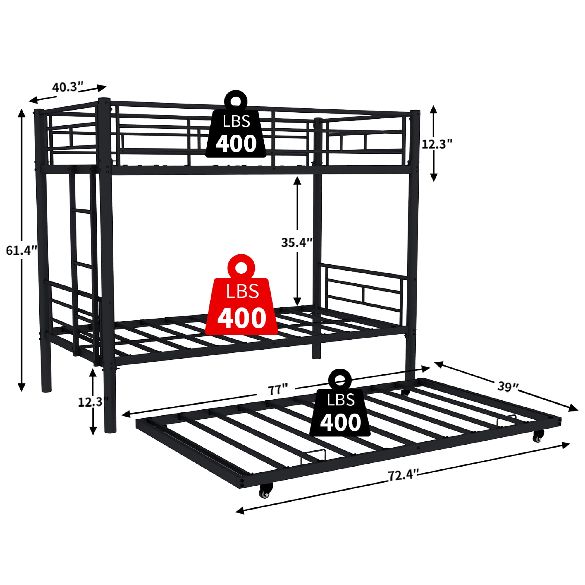 Twin over Twin Bunk Bed with Trundle,Heavy Duty Metal Bed Frame with Sturdy Guardrail for Kids/Adults,Noise Reduced,Black