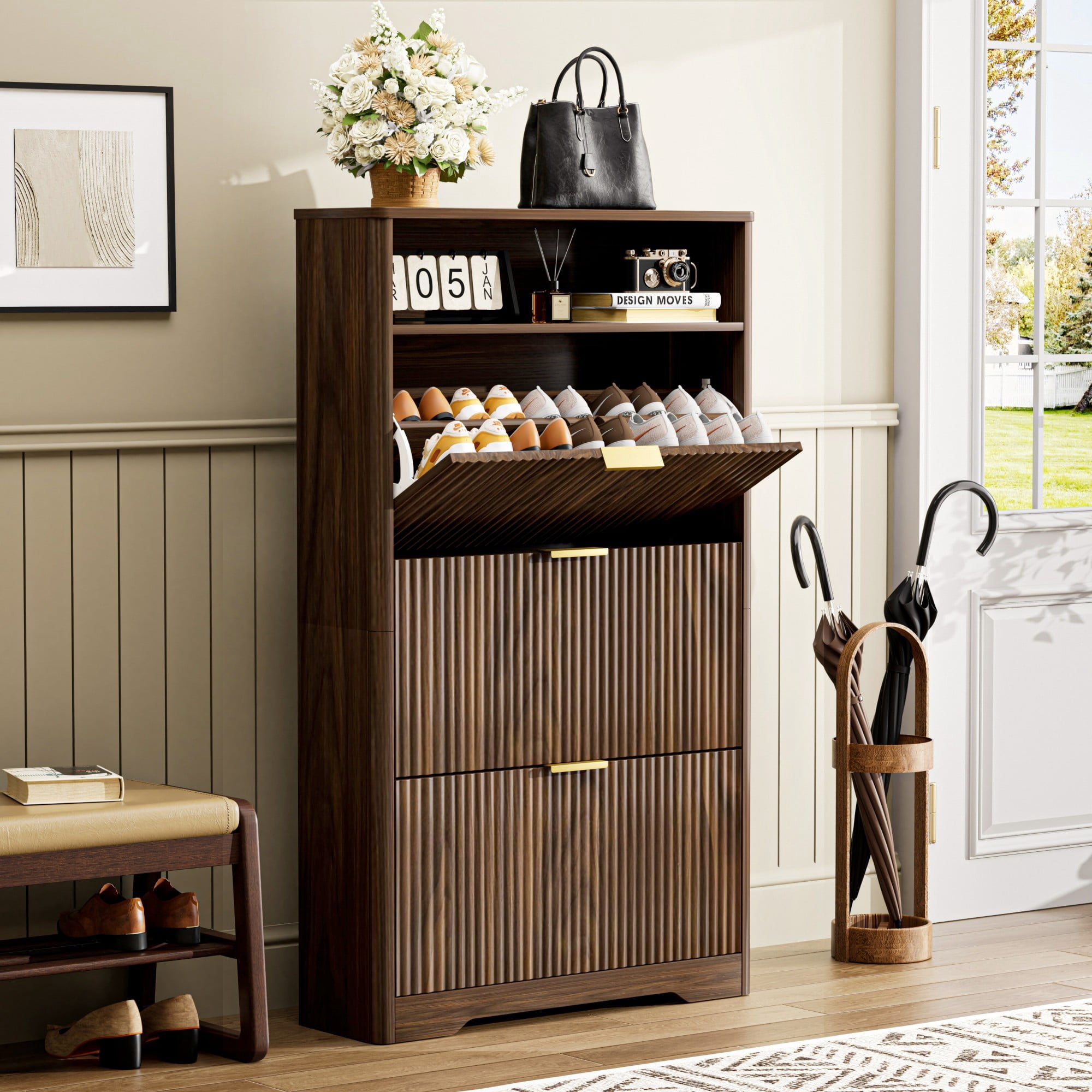 54.4" Shoe Cabinet Storage for Entryway, 3 Flip Drawer Shoe Organizer, Narrow Freestanding Hallway Shoe Rack, Walnut