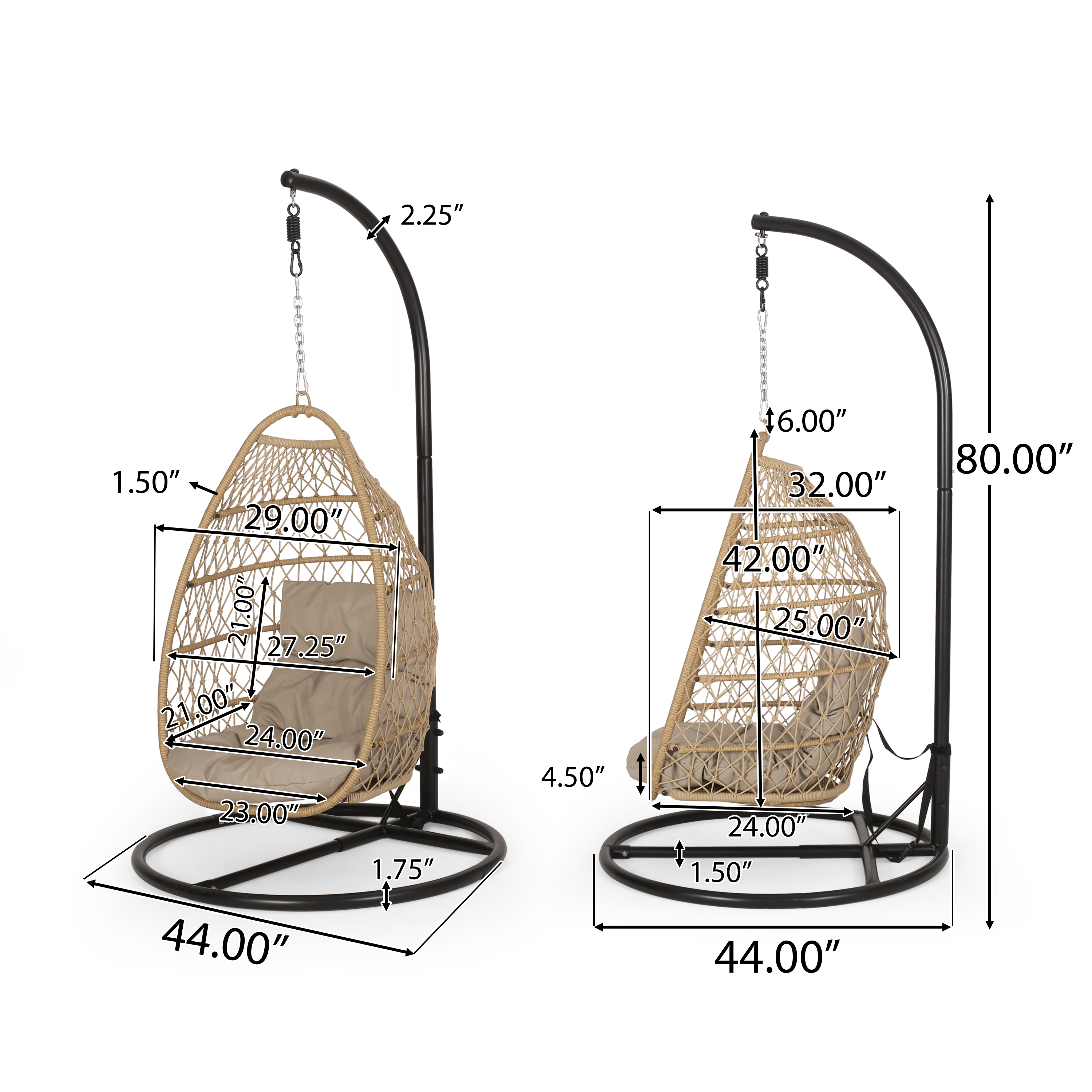 Kiara Wicker and Rope Outdoor Foldable Hanging Chair with Stand, Light Brown, Tan, and Black