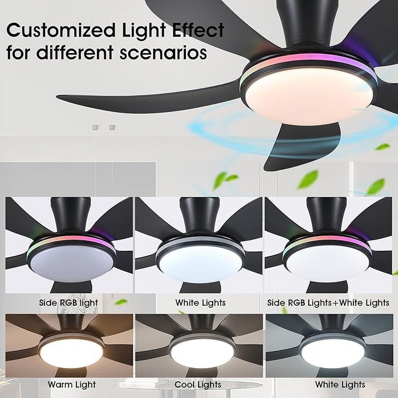 YIOSI 48'' Black Ceiling Fan with Lights and Remote /APP Control,Low Profile Modern Ceiling Fan,Outdoor Flush Mount Ceiling Fan 6-Speed Reversible DC Motor for Living Room Bedroom Indoor,RGB Lighting